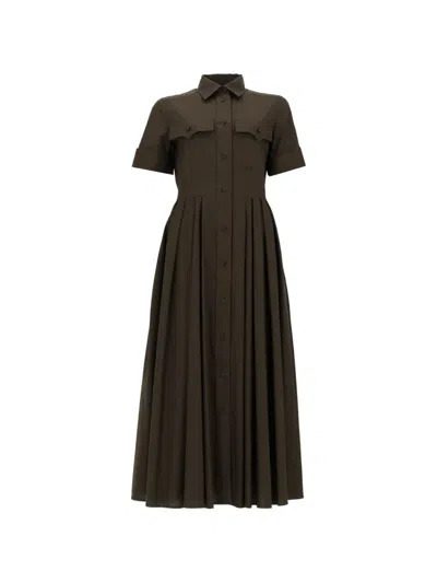 Fay Poplin Bodice Pleated Skirt Midi Dress In Brown