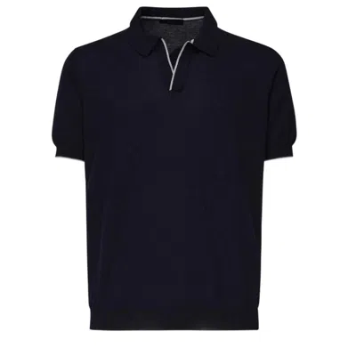 Fay Buttonless Polo Shirt With Ribbed Hem And Short Sleeves In Blue
