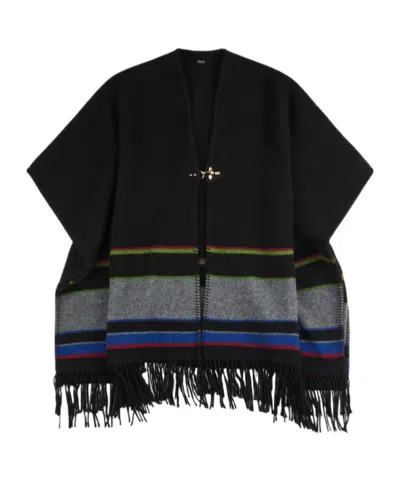 Fay Poncho In Striped Wool In Black