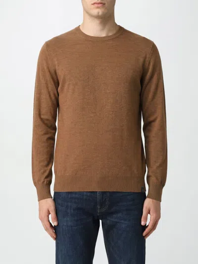 Fay Pure Merino Wool Crewneck Jumper With Ribbed Trims In Brown