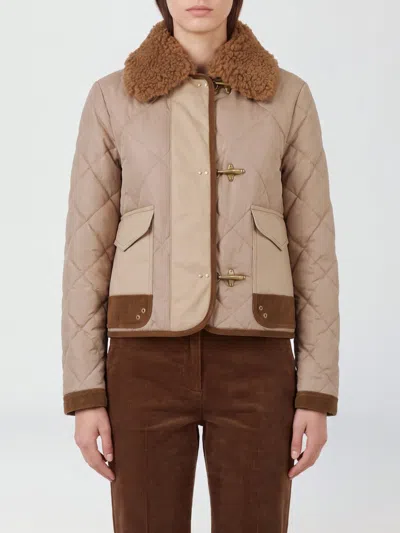 Fay Quilted Polyester Short Jacket With Toggles And Fur Collar In Neutral
