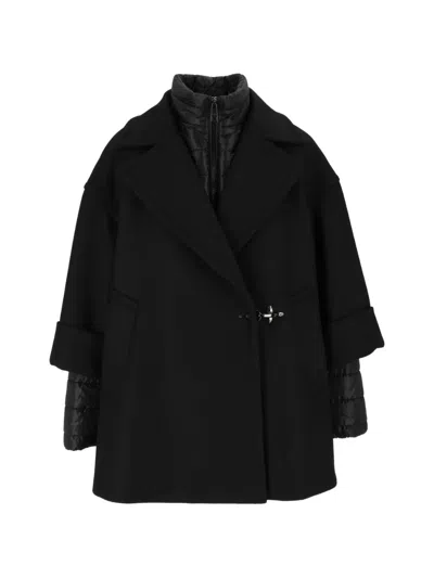 Fay Black Double Detachable Striped Quilted Layer Coat