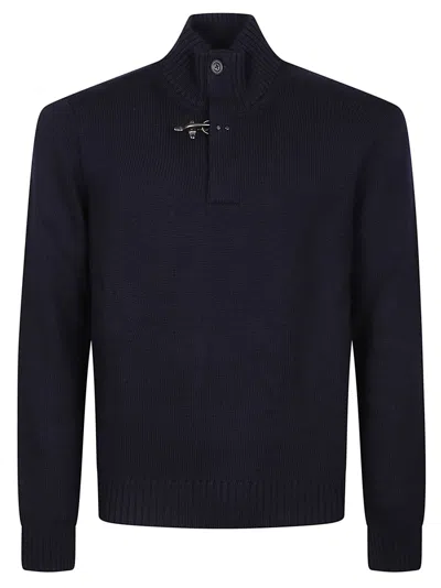 Fay Ribbed High Collar Buttoned Virgin Wool Turtleneck Sweater In Black