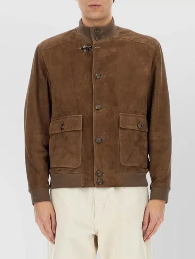 Fay Ribbed Stand Collar Leather Jacket In Brown