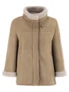 Fay Boxy Beige Suede Coat With Plush Shearling Lining In Brown