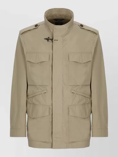 Fay Short Jacket High Neck Epaulettes Pockets In Neutral