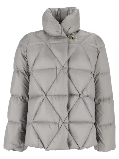 Fay Silver Flared Sleeve High Collar Short Puffer Jacket In Gray