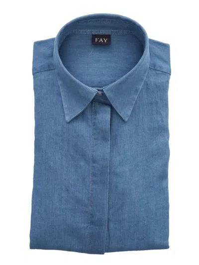 Fay Slim-fit Cotton Shirt With Classic Collar In Blue