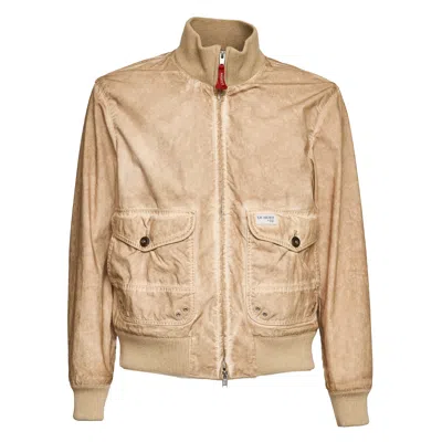 Fay Stone Washed Ribbed Trim Bomber Jacket In Nude