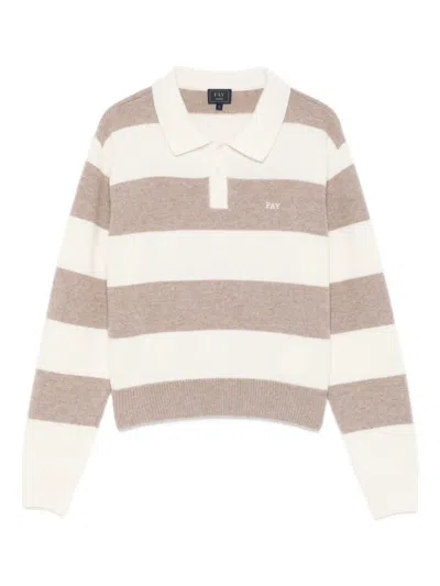 Fay Kids' Striped Knitted Polo Top In Neutral