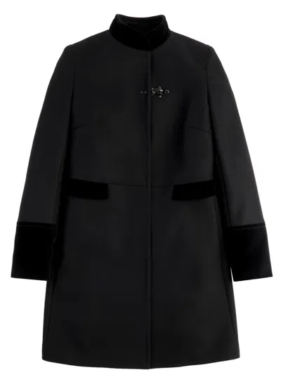 FAY STRUCTURED BLACK COAT WITH VELVET ACCENTS AND HIGH COLLAR