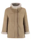 Fay Boxy Beige Suede Coat With Plush Shearling Lining In Brown