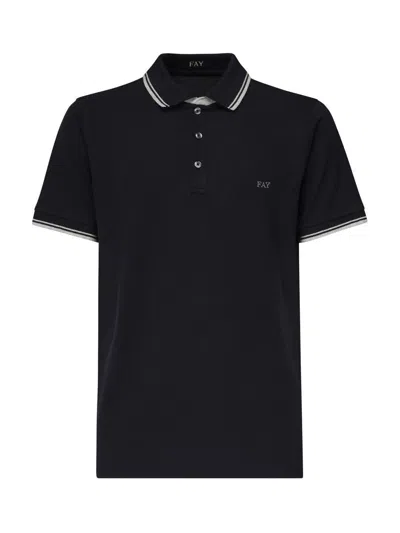 Fay Short Sleeve Polo Shirt With Ribbed Collar In Blue