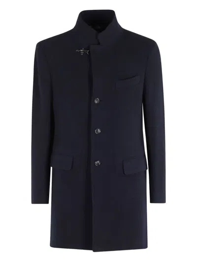 FAY TAILORED BLACK COAT WITH HIGH MANDARIN COLLAR AND DECORATIVE CLASP