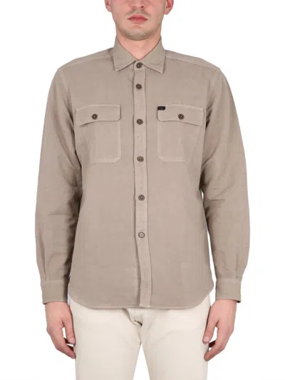 Fay Textured Cotton-linen Shirt With Classic Collar In Brown