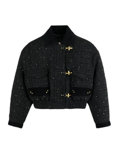 Fay Textured Cropped Gold Toggle Sequin Jacket In Black