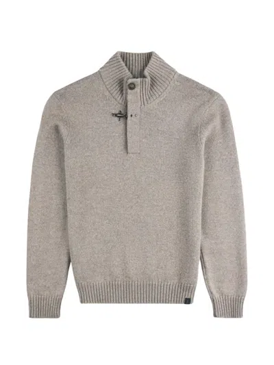 Fay Ribbed Turtleneck Sweater With Button Closure And Suede Accents In Gray