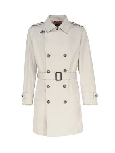 Fay Double-breasted Belted Trench Coat In White