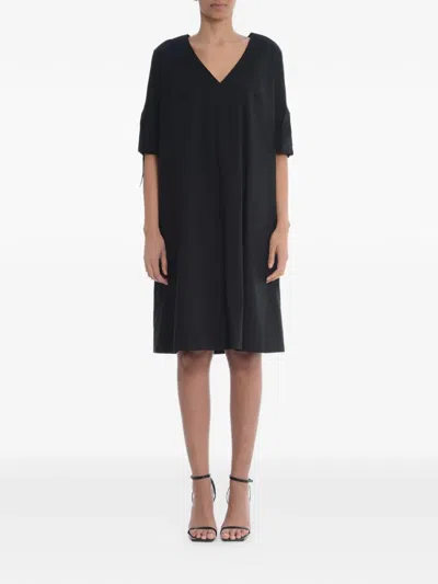 Fay Knee Length Dress Puff Sleeves V Neckline In Black