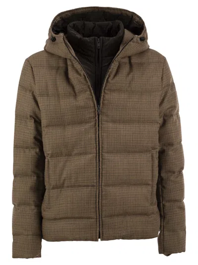 Fay Virgin Wool Houndstooth Down Jacket With Hood In Brown