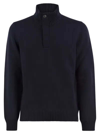 Fay Virgin Wool Jumper With High Neck And Hook Fastening In Blue