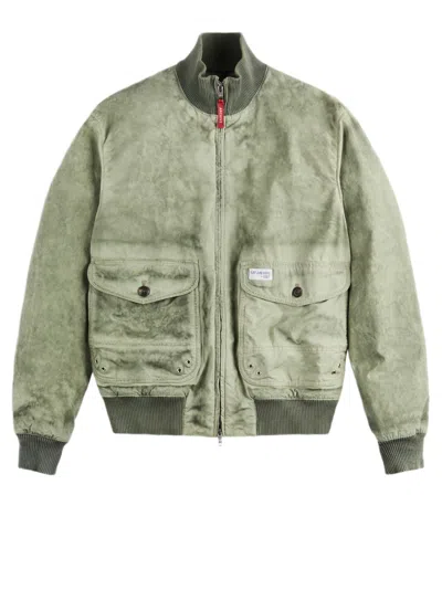 Fay Washed Green Cotton Canvas Bomber Jacket With Ribbed Knit Details