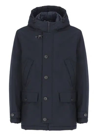 Fay High Neck Hooded Tech Fabric Coat In Blue