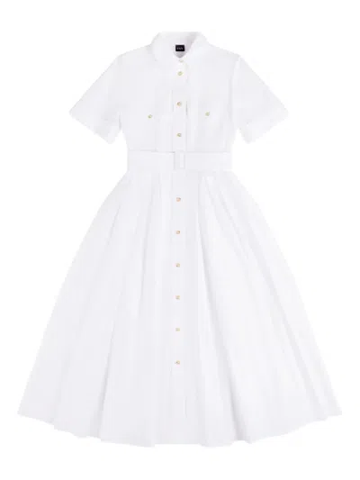 Fay Dress Belted Waist Pleated Skirt Short Sleeves In White