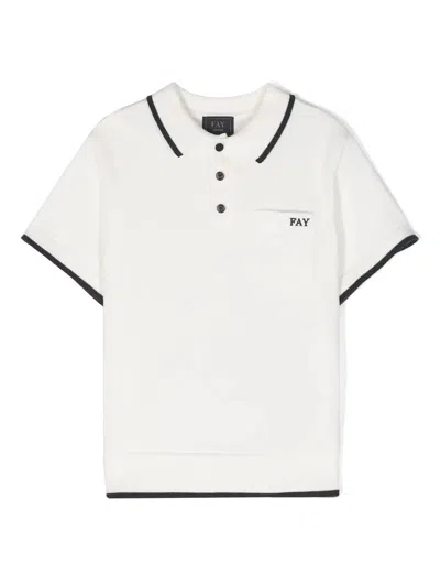 Fay Kids' White Polo Shirt With Logo And Blue Stripes
