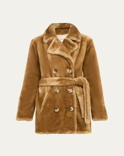 Faz Belted Regine Faux Fur Wrap Coat In Camel