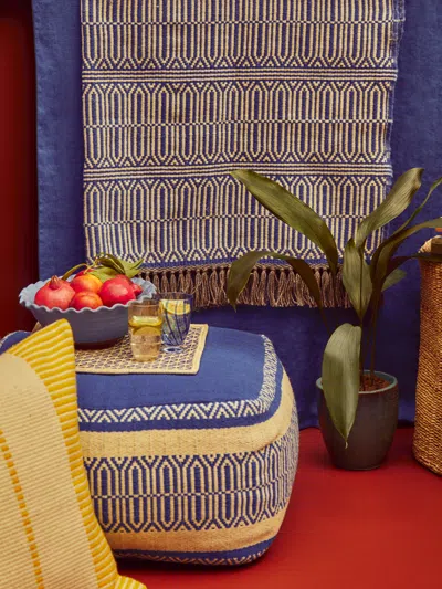 Fábrica Alentejana De Lanifícios Handwoven Wool Rug With Fringe (63in/1.6m)  Abask Luxury Gift In Blue