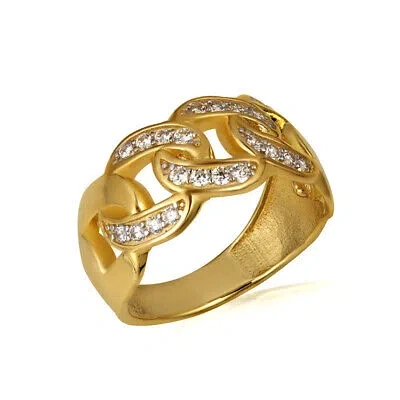 Pre-owned Fdj 14k Yellow Gold Cz Studded Cuban Chain Link Statement Ring In White