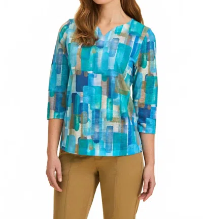 Fdj 3/4 Sleeve Notch Neck Top In Blue Rockefeller In Multi