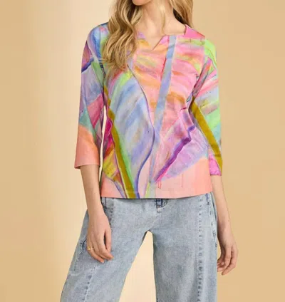 Fdj 3/4 Sleeve Notch Neck Top In Neon Palm In Gray