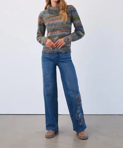 Fdj Christina Embroidered Wide Leg Jeans In Medium Dark Wash In Multi