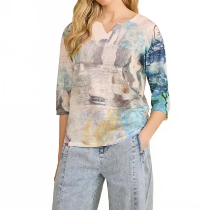 Fdj Drop Shoulder Notch Neck Top In Spring Collage In Multi