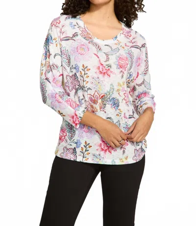 Fdj Floral Print Loose Fit Dolman Top In White Multi