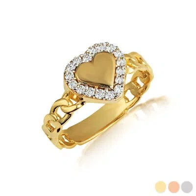 Pre-owned Fdj Gold Diamond Heart Cuban Chain Link Love Band Ring In Yellow Gold