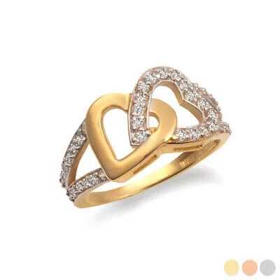 Pre-owned Fdj Gold Double Heart Cz Open Band Love Ring In Yellow Gold