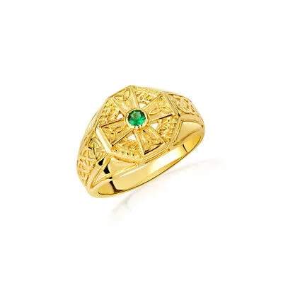 Pre-owned Fdj Gold Men's Celtic Cross Cz Emerald Ring (available In Yellow/white Gold) In Yellow Gold