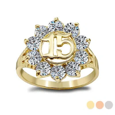 Pre-owned Fdj Large (0.6") Sparkly Cz Round 15 Anos Quinceanera Ring In Gold In Yellow Gold