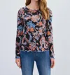 Fdj Long Sleeve Boat Neck Top In Neutral Damask In Blue