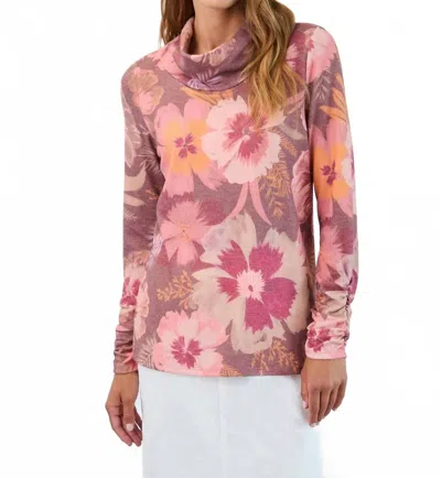 Fdj Long Sleeve Cowl Neck Top In Coral Fall Botanical In Pink