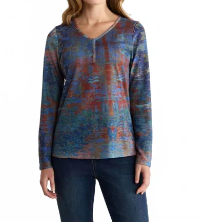 Fdj Long-sleeve Notch Neck Top In Autumn Reflection In Blue