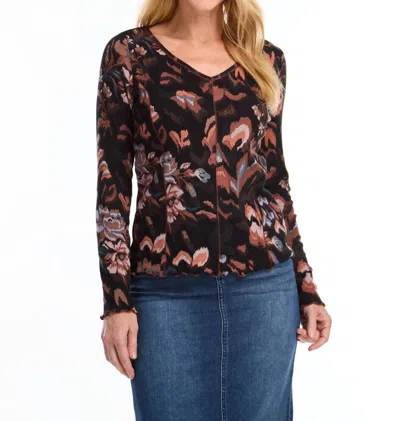 Fdj Lottie Long Sleeve V-neck Top In Multicolor Floral Print In Black