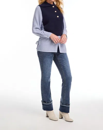 Fdj Mix Media Sweater In Navy Blue And White In Multi