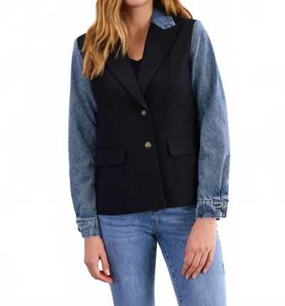 Fdj Mixed Media Long Sleeve Blazer In Blue Jean/black