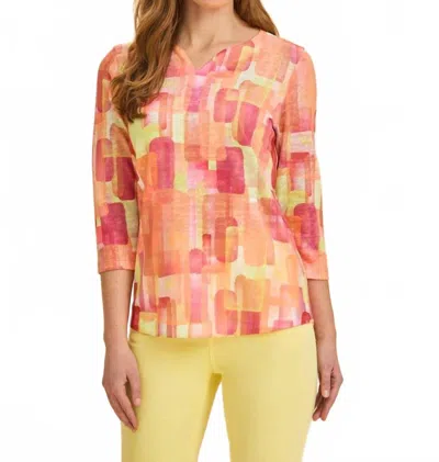 Fdj Quarter Sleeve Notch Neck Top In Orange Rockefeller In Multi