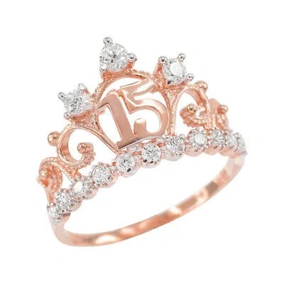 Pre-owned Fdj Rose Gold 15 Años Quinceanera Crown Cz Ring In Pink