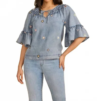 Fdj Ruffle Denim Blouse In Blue